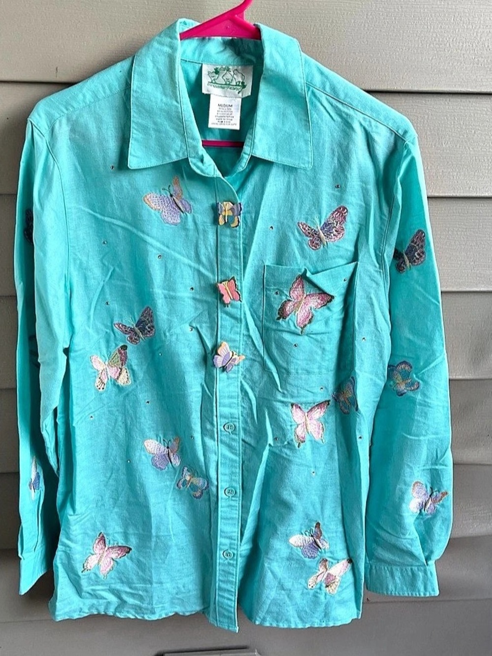 Vintage Quacker Factory Butterfly Shirt M Aqua Linen Embroidered Y2K Fairycore